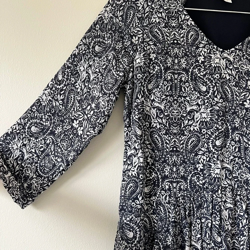 Garnet Hill Bohemian Pocket-Detail Dress Size 2 Navy Paisley Print‎ 3/4 Sleeve - Picture 3 of 9